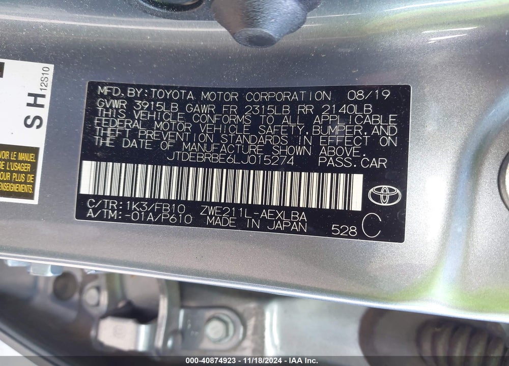 2020 TOYOTA COROLLA HYBRID LE VIN: JTDEBRBE6LJ015274
