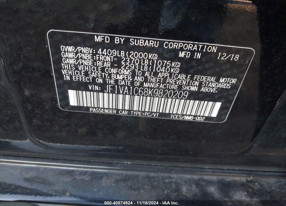 2019 SUBARU WRX PREMIUM VIN: JF1VA1C68K9820209