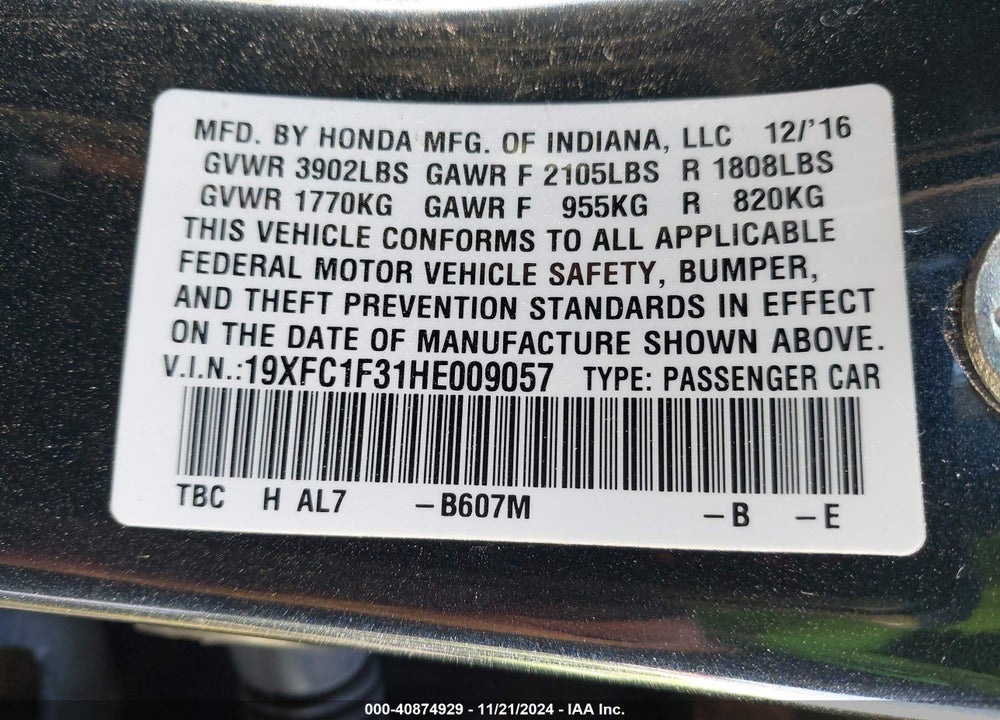 2017 HONDA CIVIC EX-T VIN: 19XFC1F31HE009057