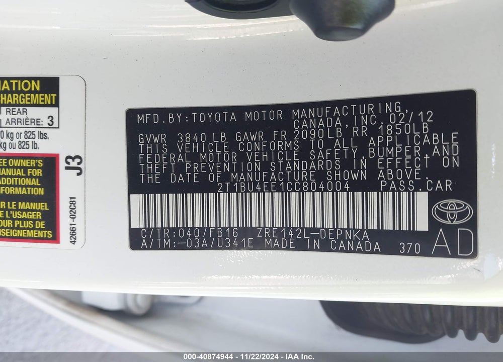 2012 TOYOTA COROLLA VIN: 2T1BU4EE1CC804004