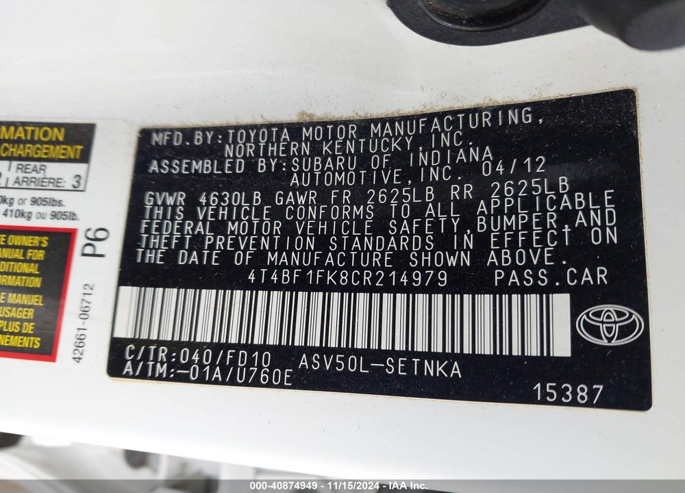 2012 TOYOTA CAMRY VIN: 4T4BF1FK8CR214979