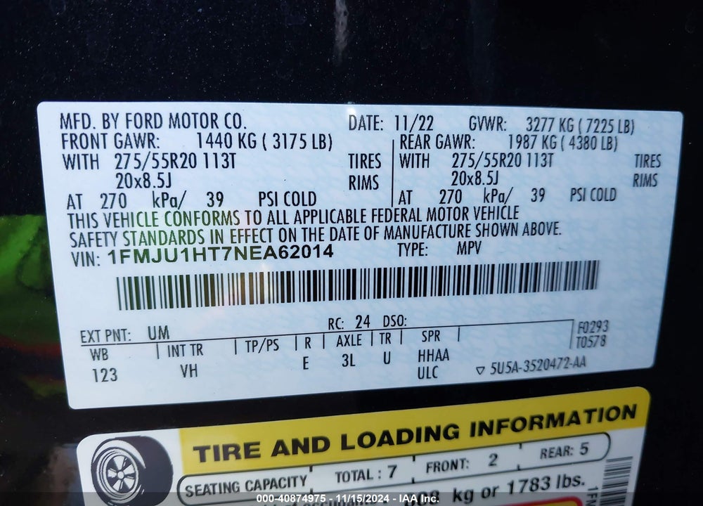 2022 FORD EXPEDITION XLT VIN: 1FMJU1HT7NEA62014