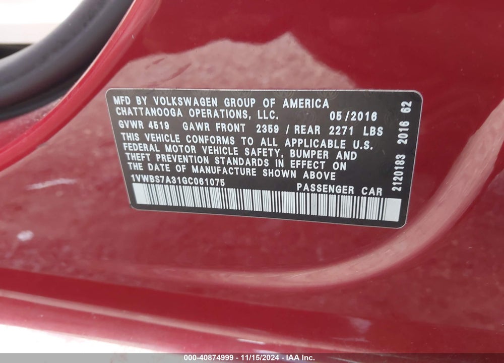 2016 VOLKSWAGEN PASSAT 1.8T SE VIN: 1VWBS7A31GC061075