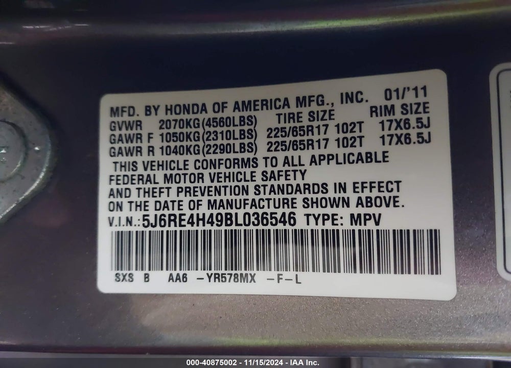 2011 HONDA CR-V SE VIN: 5J6RE4H49BL036546