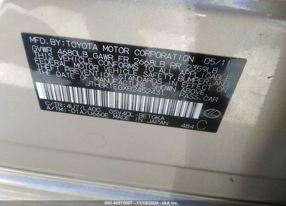 2011 LEXUS ES 350 VIN: JTHBK1EGXB2452431