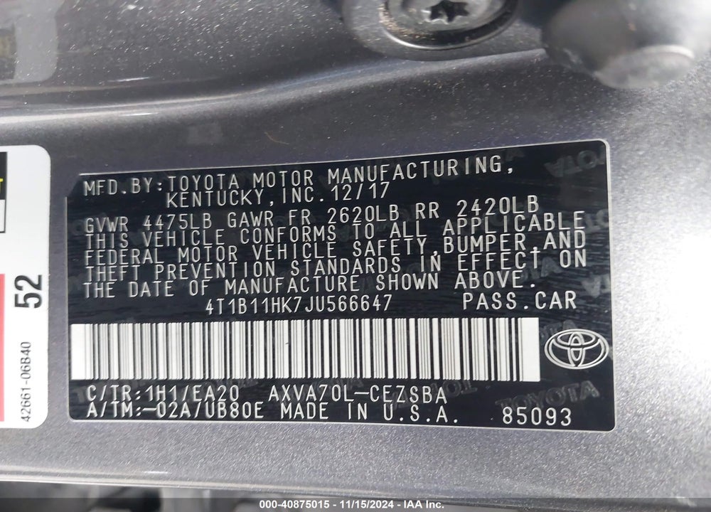 2018 TOYOTA CAMRY VIN: 4T1B11HK7JU566647