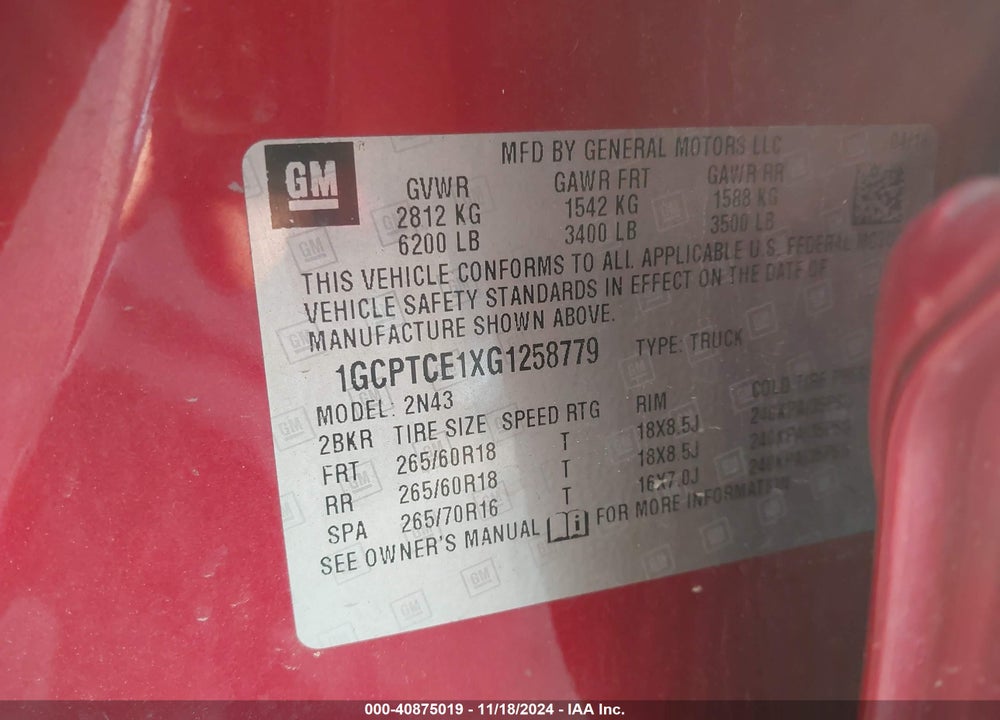 2016 CHEVROLET COLORADO LT VIN: 1GCPTCE1XG1258779