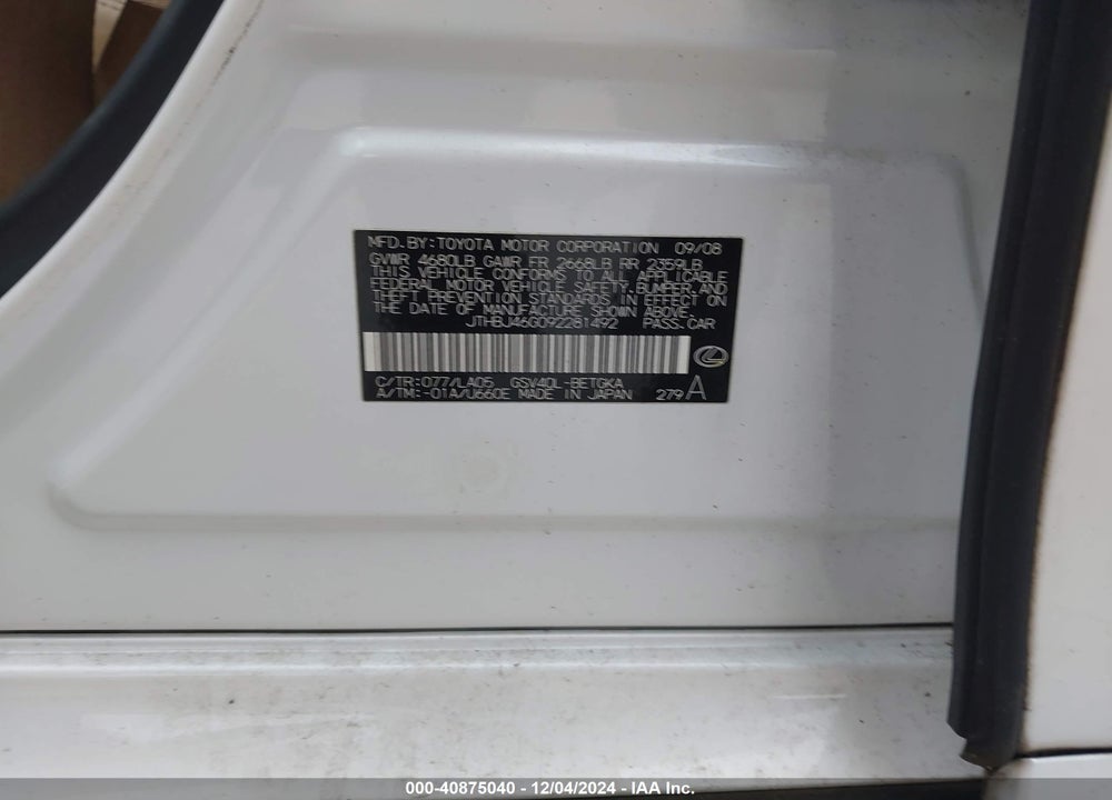 2009 LEXUS ES 350 VIN: JTHBJ46G092281492