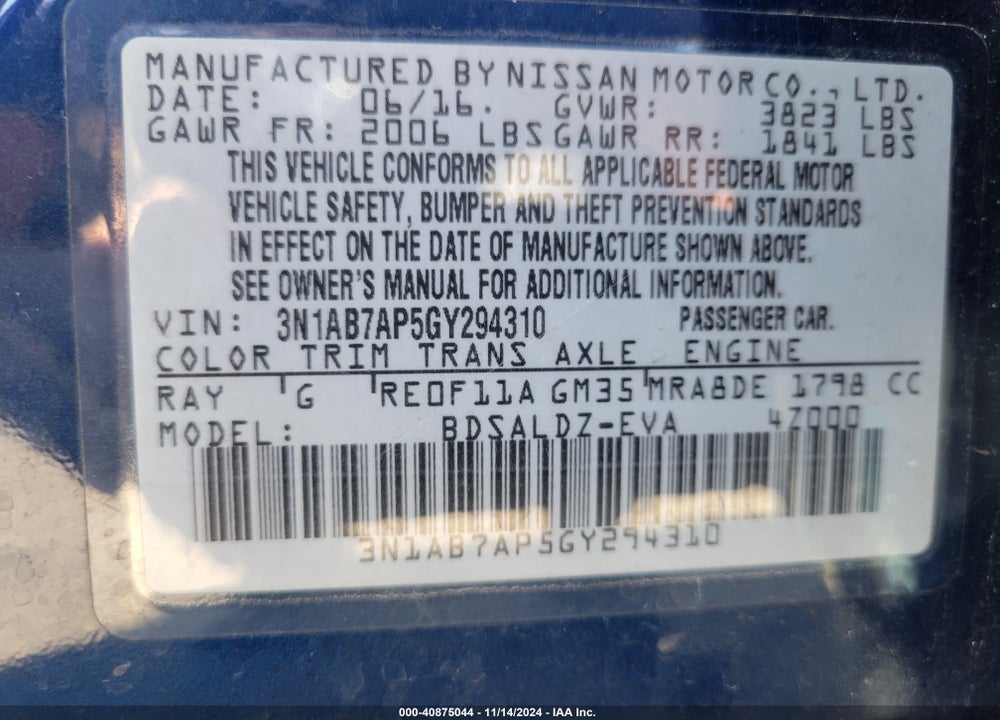 2016 NISSAN SENTRA VIN: 3N1AB7AP5GY294310