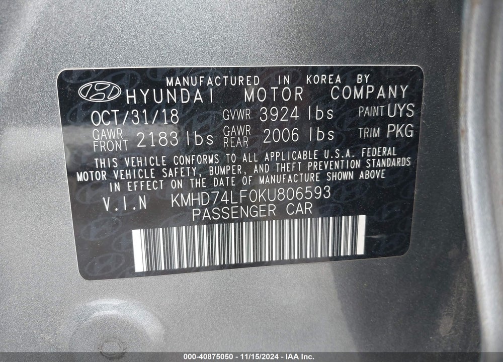 2019 HYUNDAI ELANTRA SE VIN: KMHD74LF0KU806593