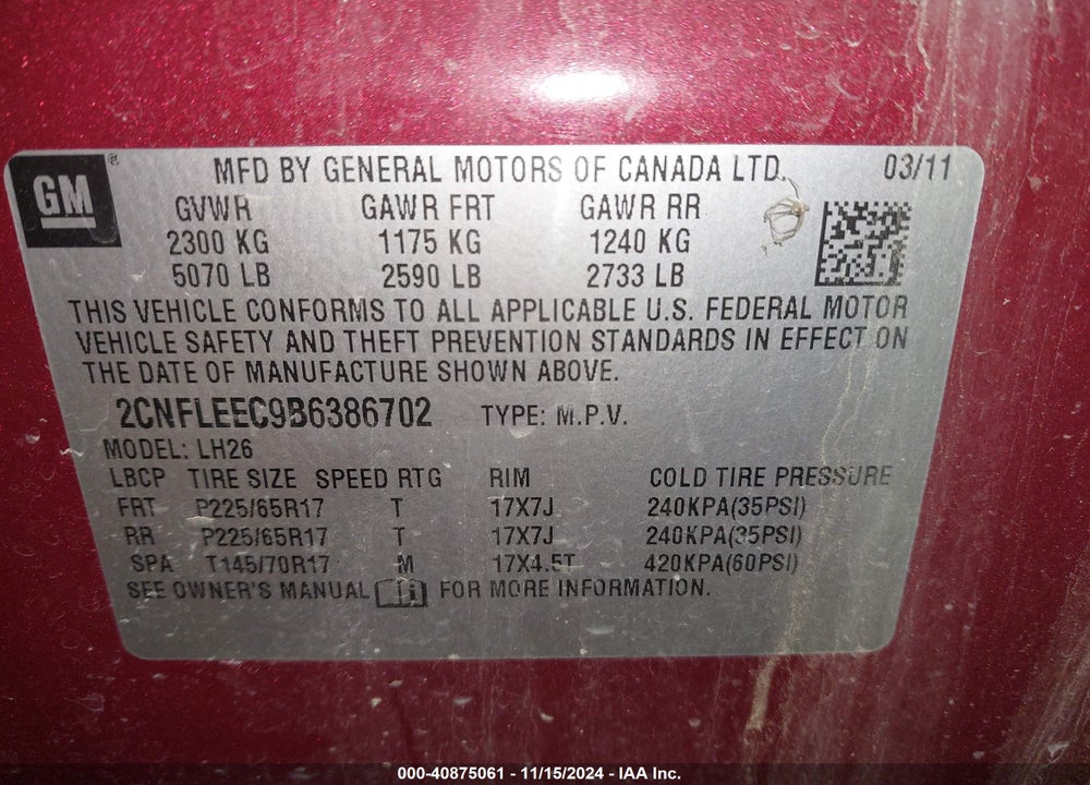 2011 CHEVROLET EQUINOX 1LT VIN: 2CNFLEEC9B6386702