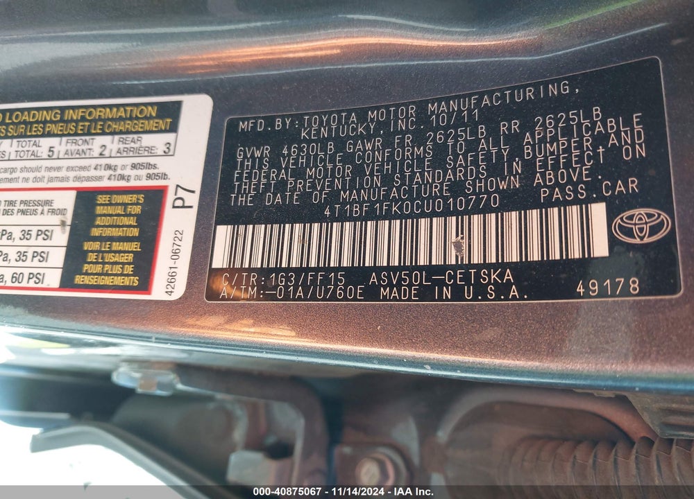 2012 TOYOTA CAMRY VIN: 4T1BF1FK0CU010770