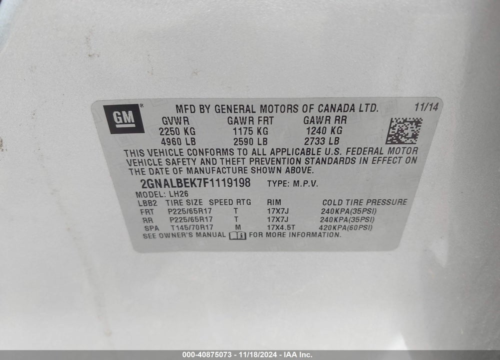 2015 CHEVROLET EQUINOX 1LT VIN: 2GNALBEK7F1119198