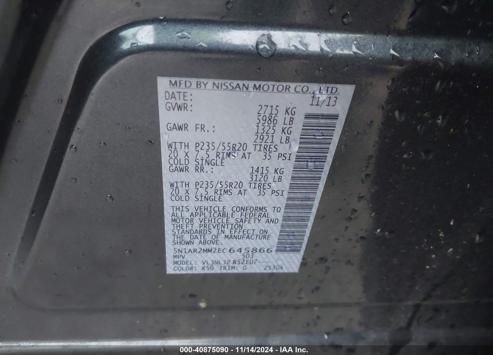 2014 NISSAN PATHFINDER PLATINUM VIN: 5N1AR2MM2EC645866