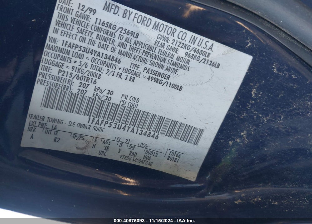 2000 FORD TAURUS SE VIN: 1FAFP53U4YA134846