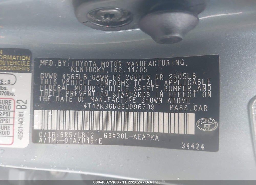 2006 TOYOTA AVALON LIMITED VIN: 4T1BK36B66U096209