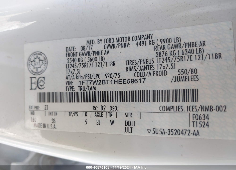 2017 FORD F-250 XLT VIN: 1FT7W2BT1HEE59617