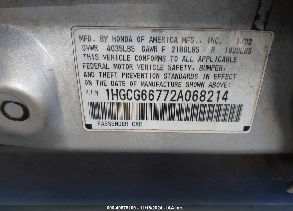 2002 HONDA ACCORD 2.3 LX VIN: 1HGCG66772A068214