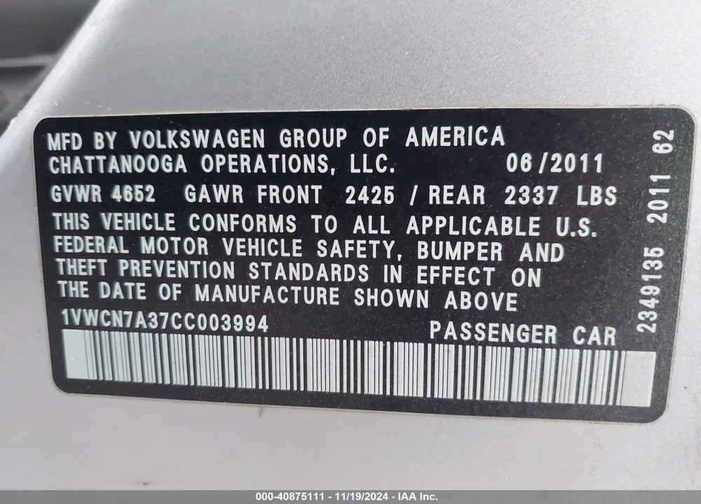 2012 VOLKSWAGEN PASSAT 2.0L TDI SEL PREMIUM VIN: 1VWCN7A37CC003994