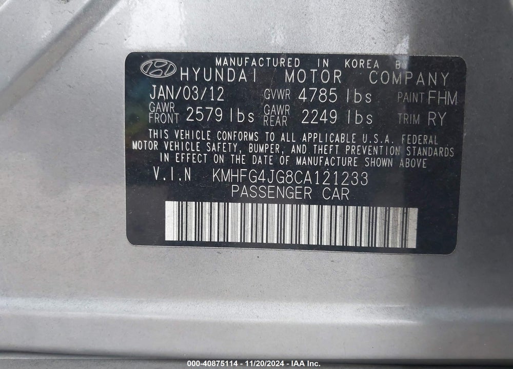 2012 HYUNDAI AZERA VIN: KMHFG4JG8CA121233