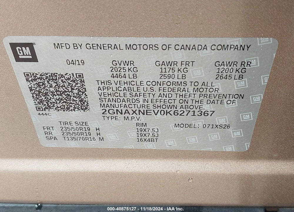 2019 CHEVROLET EQUINOX PREMIER VIN: 2GNAXNEV0K6271367
