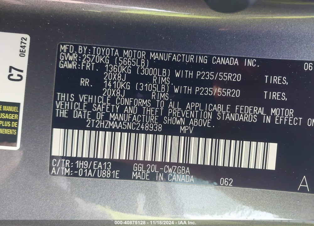 2022 LEXUS RX 350 VIN: 2T2HZMAA5NC248938