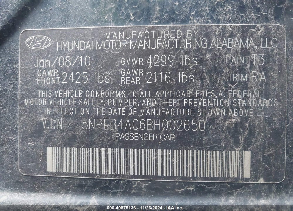 2011 HYUNDAI SONATA GLS VIN: 5NPEB4AC6BH002650