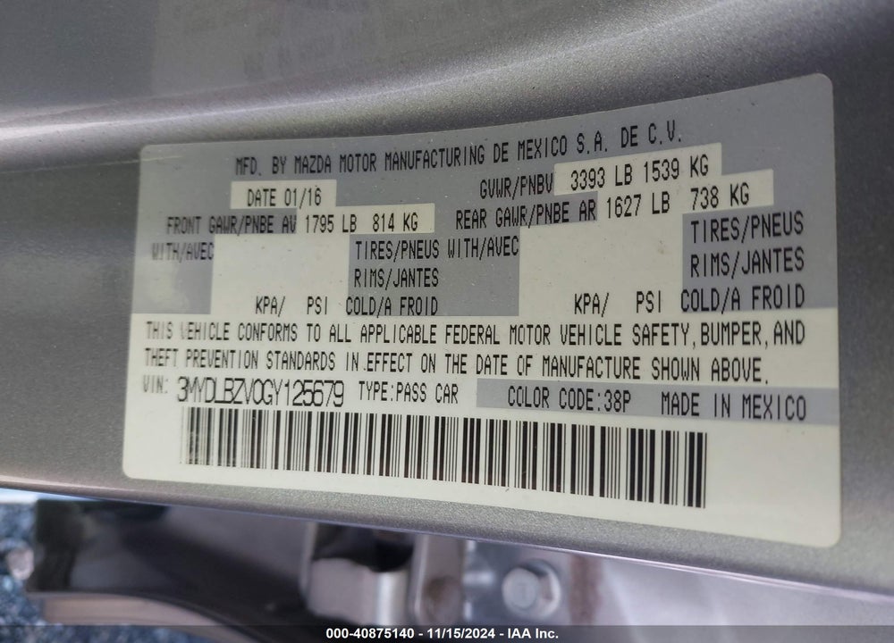2016 SCION IA VIN: 3MYDLBZV0GY125679