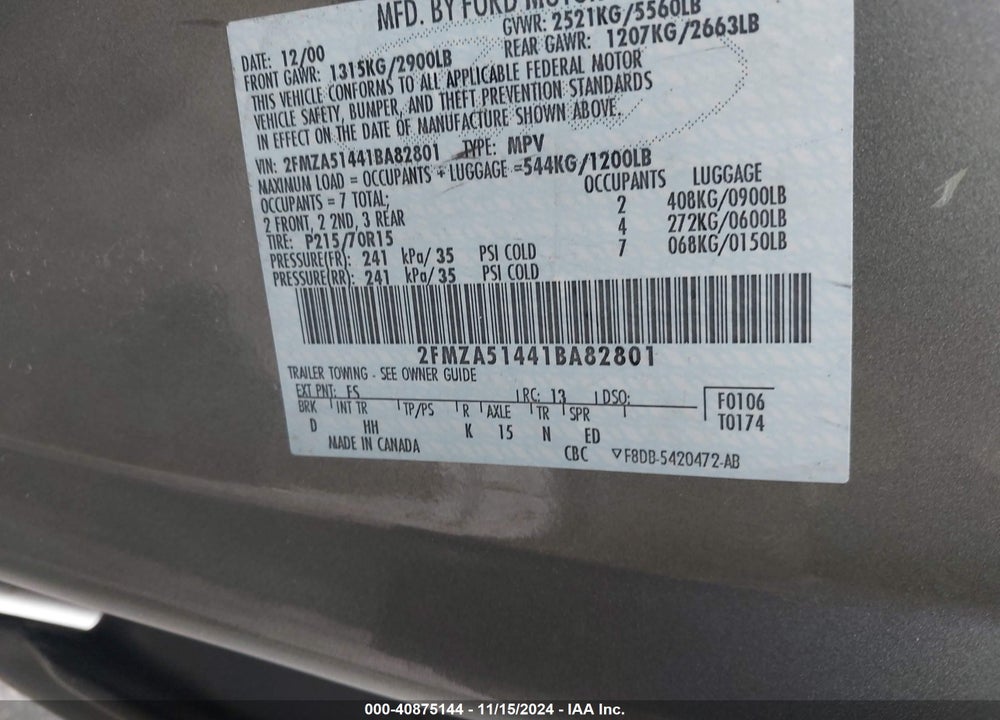 2001 FORD WINDSTAR LX VIN: 2FMZA51441BA82801