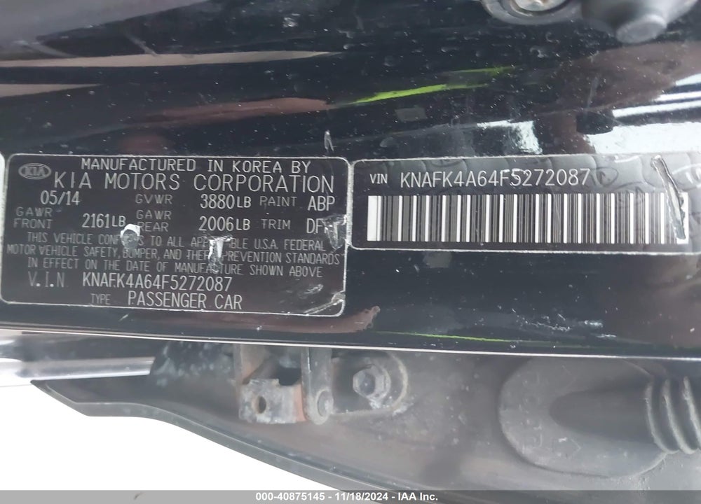 2015 KIA FORTE LX VIN: KNAFK4A64F5272087