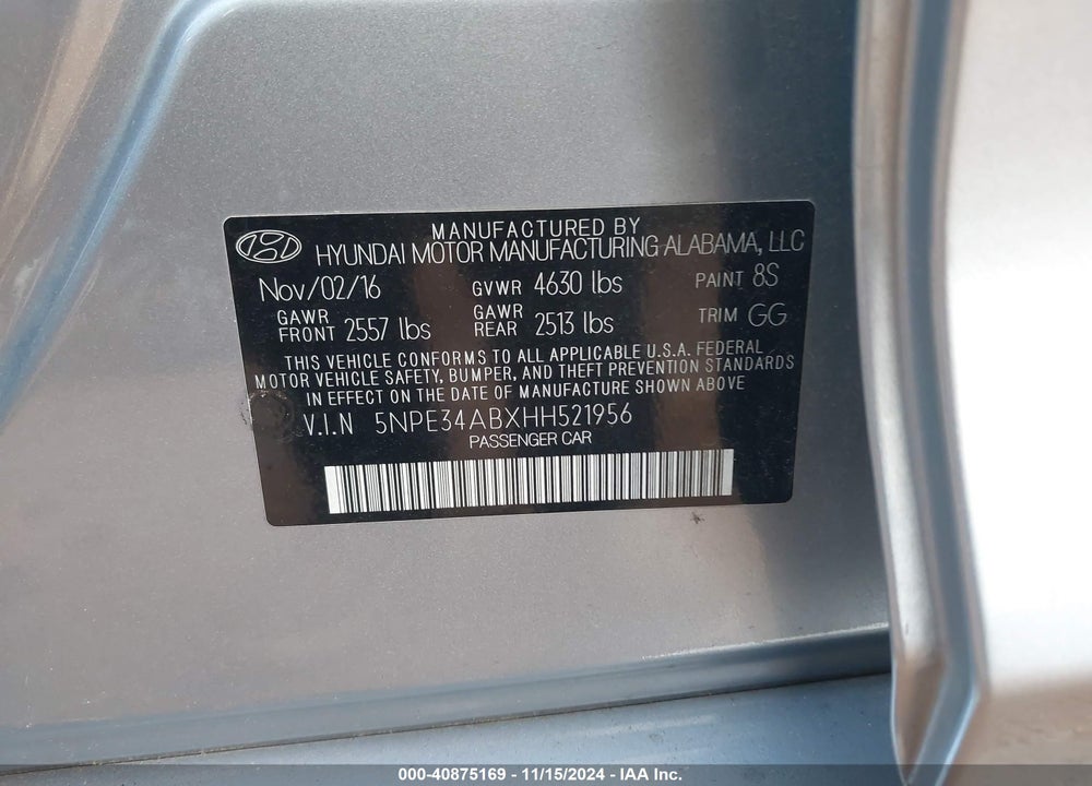 2017 HYUNDAI SONATA SPORT 2.0T VIN: 5NPE34ABXHH521956