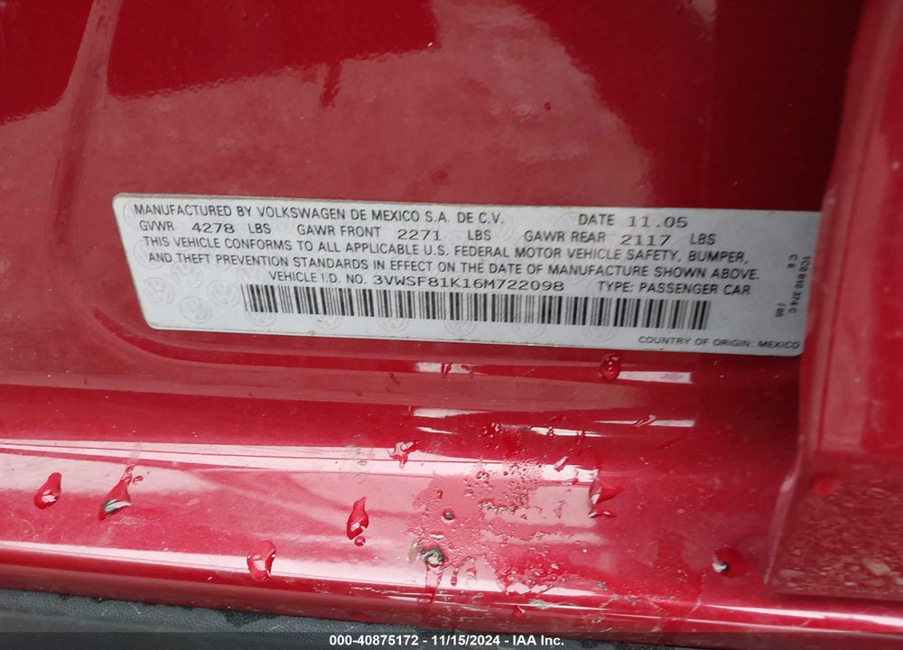 2006 VOLKSWAGEN JETTA 2.5 VIN: 3VWSF81K16M722098
