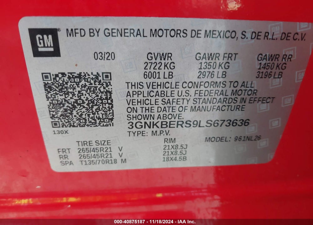 2020 CHEVROLET BLAZER FWD RS VIN: 3GNKBERS9LS673636