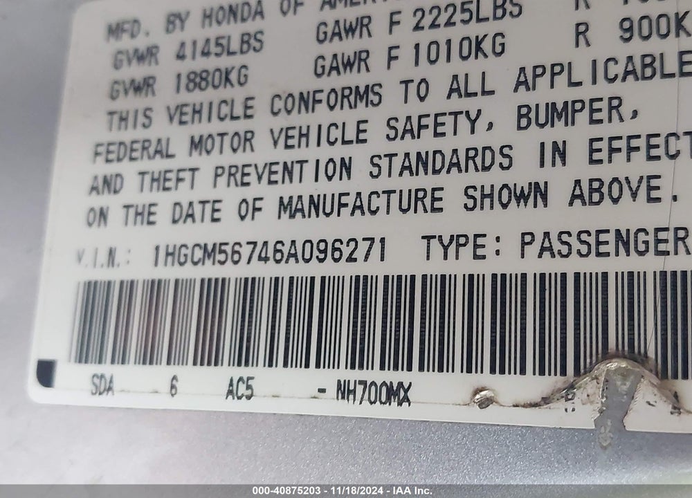2006 HONDA ACCORD 2.4 EX VIN: 1HGCM56746A096271