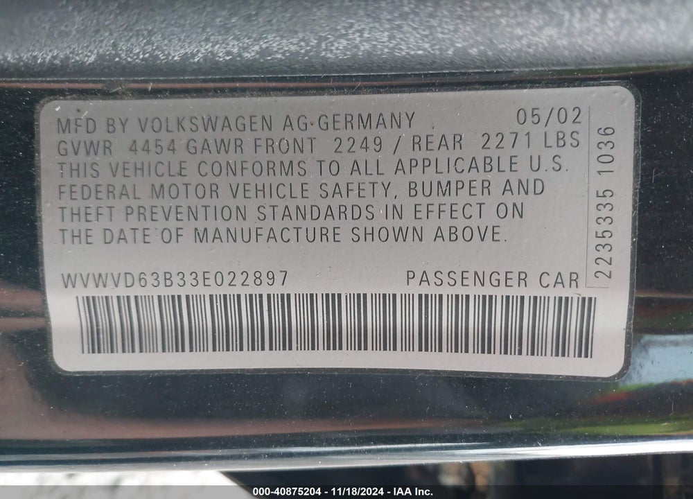 2003 VOLKSWAGEN PASSAT GLS VIN: WVWVD63B33E022897