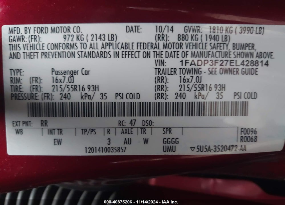 2014 FORD FOCUS SE VIN: 1FADP3F27EL428814