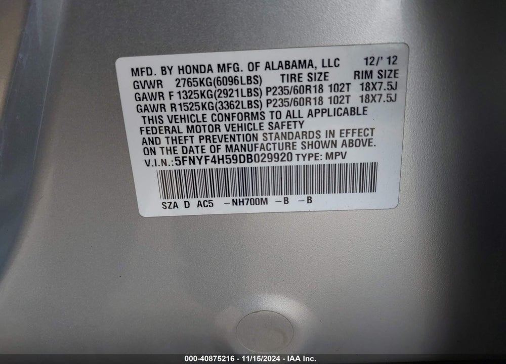 2013 HONDA PILOT EX-L VIN: 5FNYF4H59DB029920