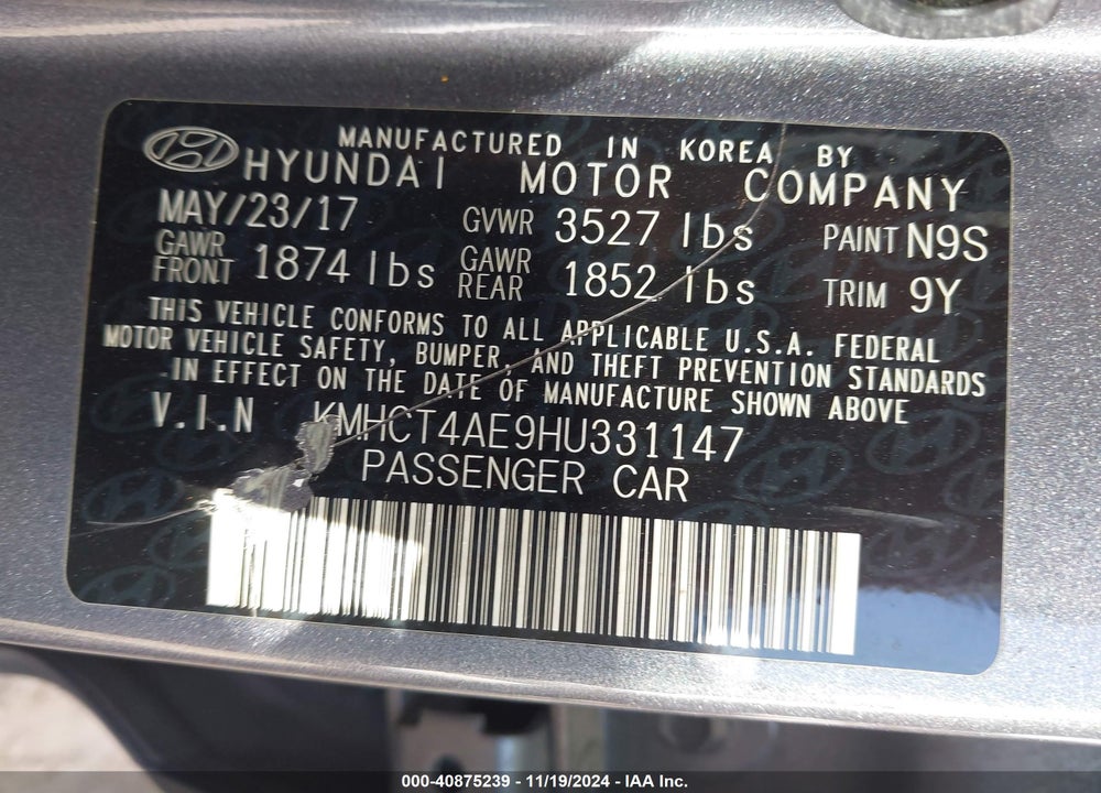 2017 HYUNDAI ACCENT VALUE EDITION VIN: KMHCT4AE9HU331147