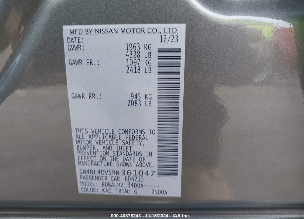 2024 NISSAN ALTIMA SV FWD VIN: 1N4BL4DV5RN361047