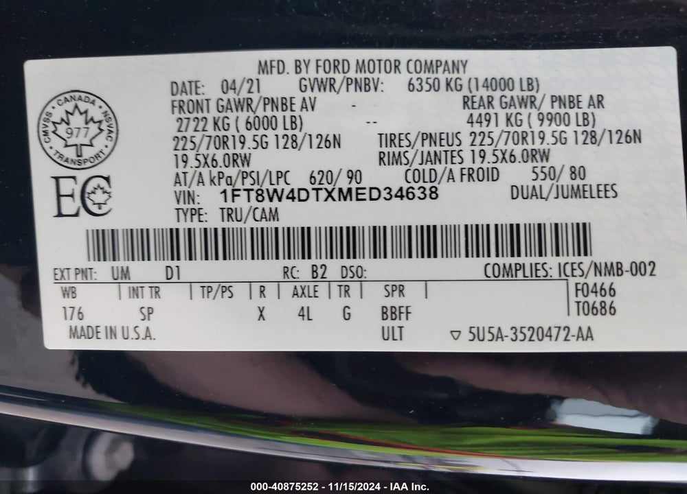 2021 FORD F-450 KING RANCH VIN: 1FT8W4DTXMED34638
