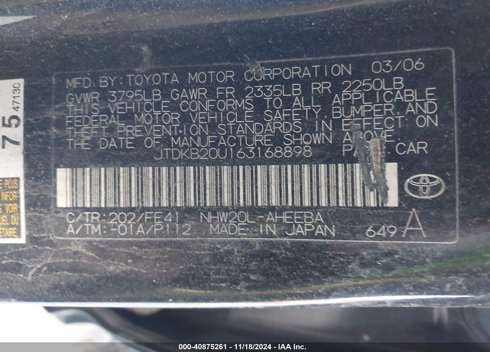 2006 TOYOTA PRIUS VIN: JTDKB20U163168898