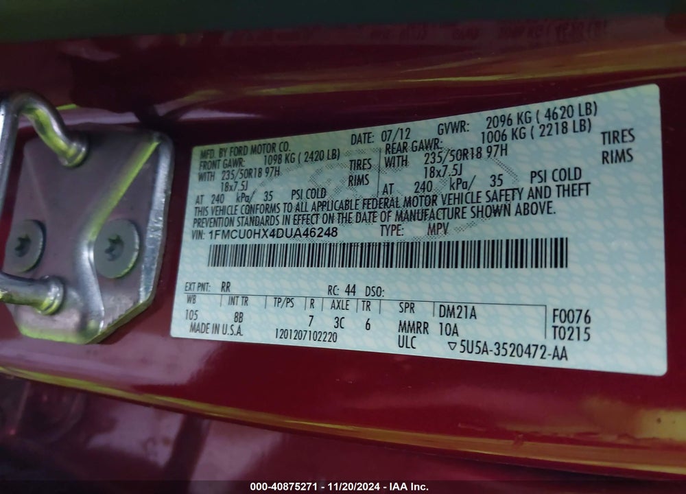 2013 FORD ESCAPE SEL VIN: 1FMCU0HX4DUA46248