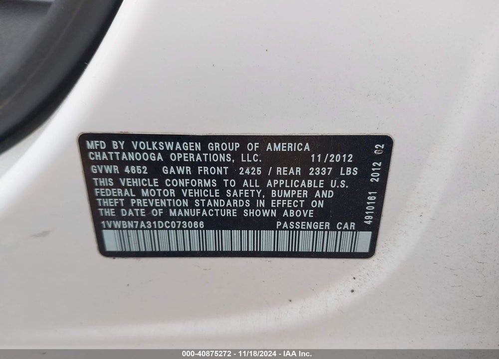 2013 VOLKSWAGEN PASSAT 2.0L TDI SE VIN: 1VWBN7A31DC073066