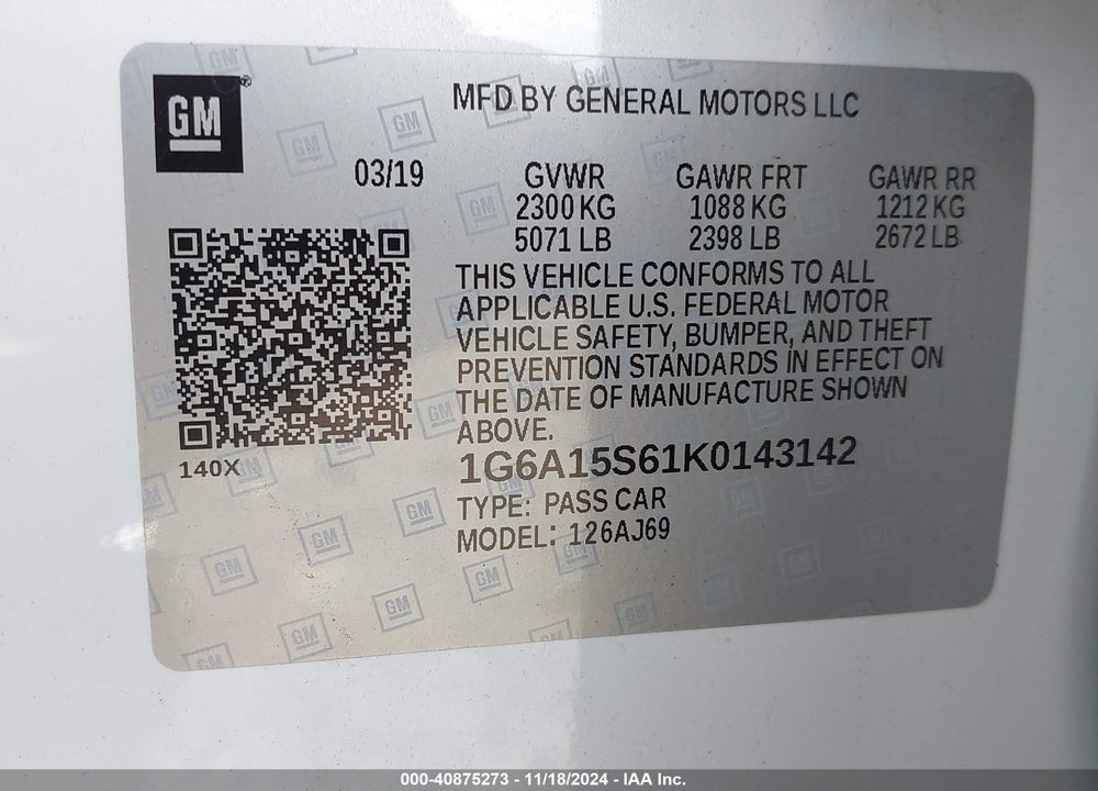 2019 CADILLAC CTS-V VIN: 1G6A15S61K0143142