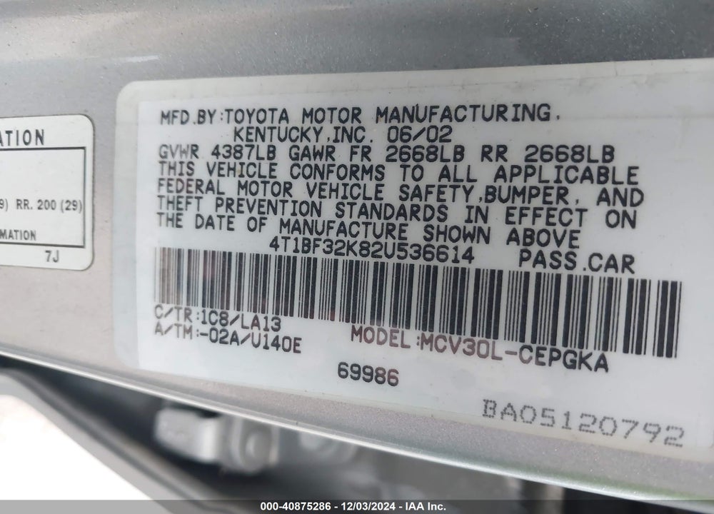 2002 TOYOTA CAMRY XLE V6 VIN: 4T1BF32K82U536614