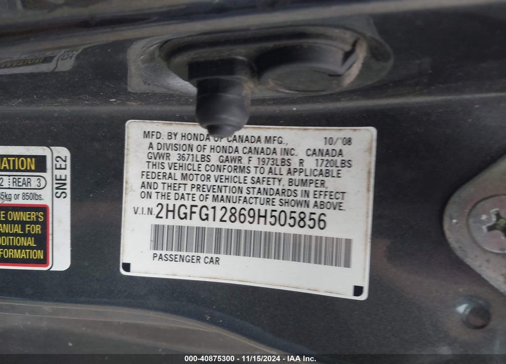 2009 HONDA CIVIC EX VIN: 2HGFG12869H505856