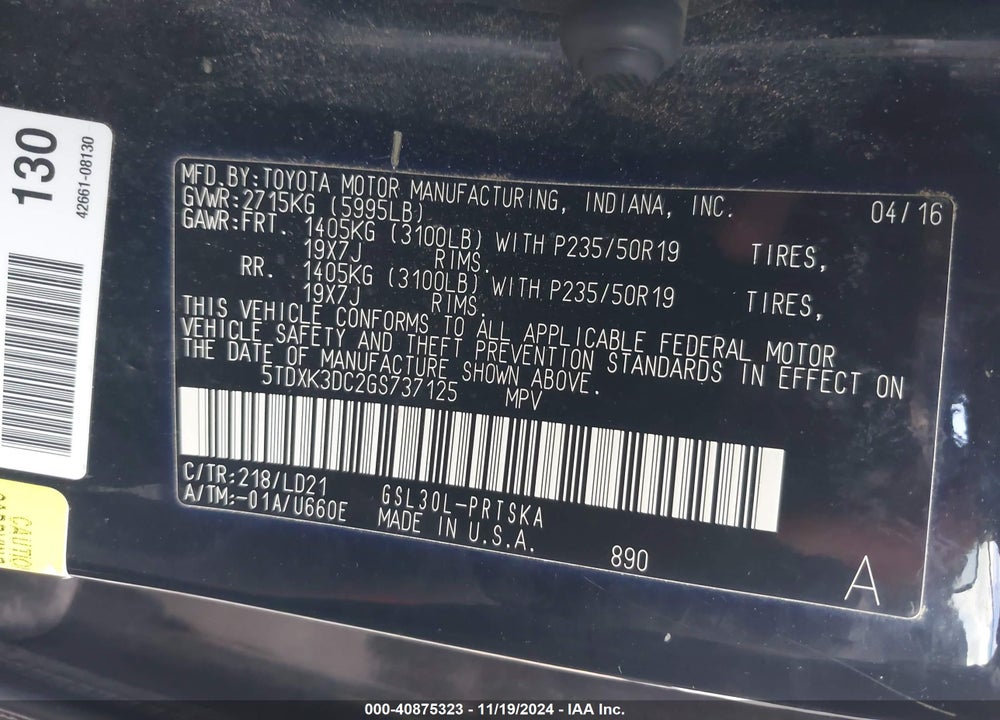 2016 TOYOTA SIENNA SE PREMIUM 8 PASSENGER VIN: 5TDXK3DC2GS737125