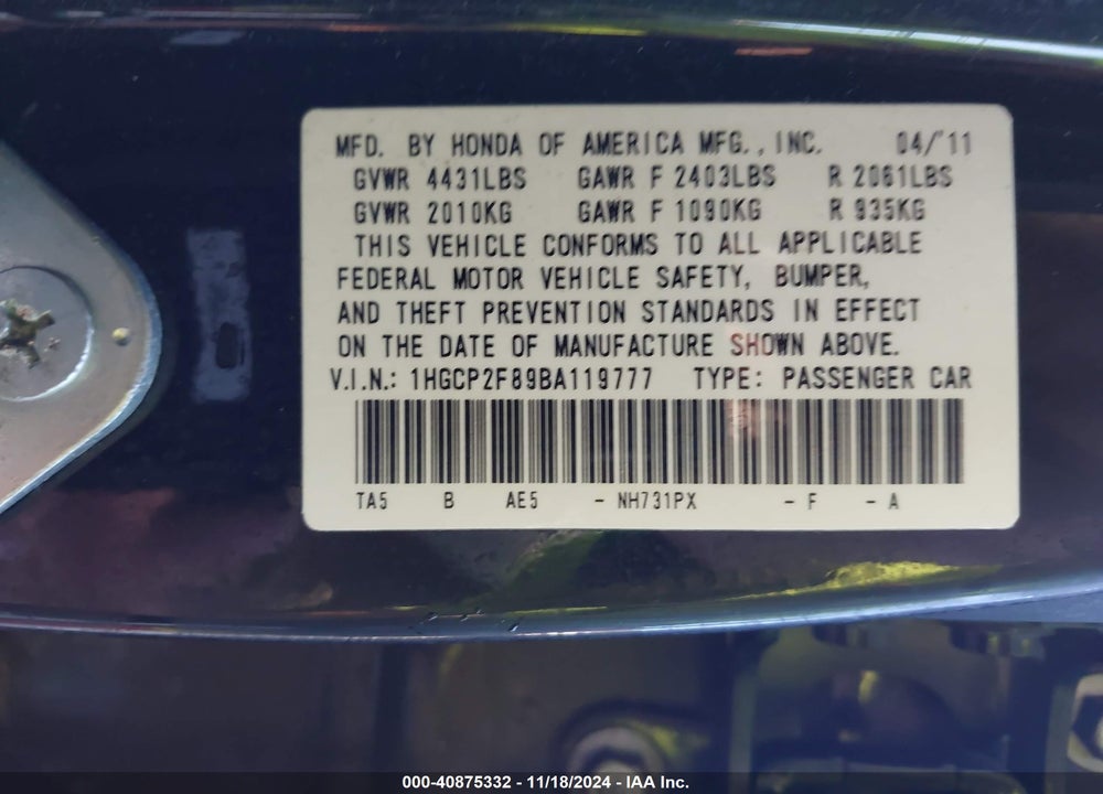 2011 HONDA ACCORD 2.4 EX-L VIN: 1HGCP2F89BA119777