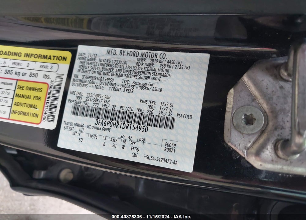 2013 FORD FUSION SE VIN: 3FA6P0HR1DR154950