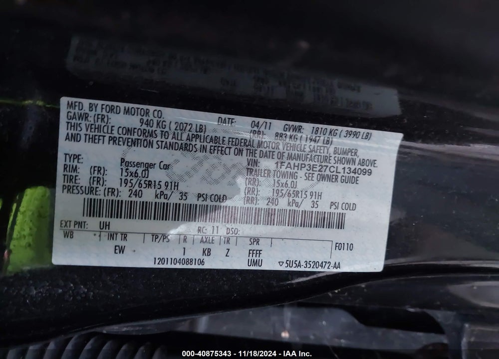 2012 FORD FOCUS S VIN: 1FAHP3E27CL134099